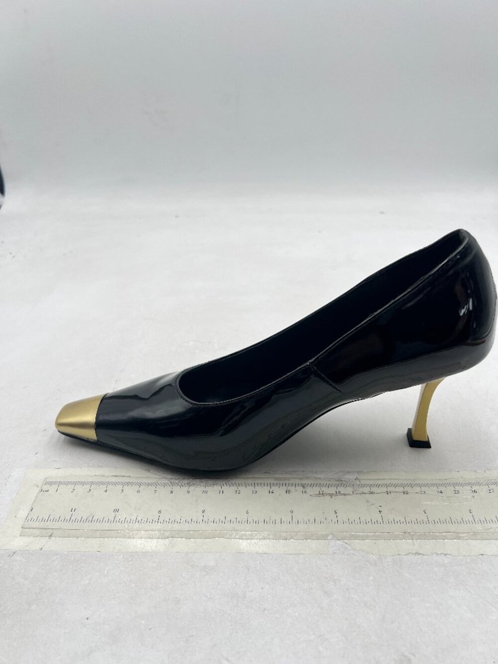 FOWT Black Metal Sqaure Cap Toe Pumps Slip on Gold Stiletto High Heels Shoes